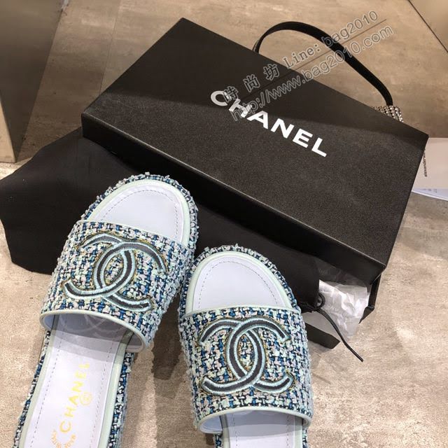 Chanel女鞋 香奈兒2020ss春夏新品 小香蜜兒一字菱格電繡logo拖鞋  naq1222